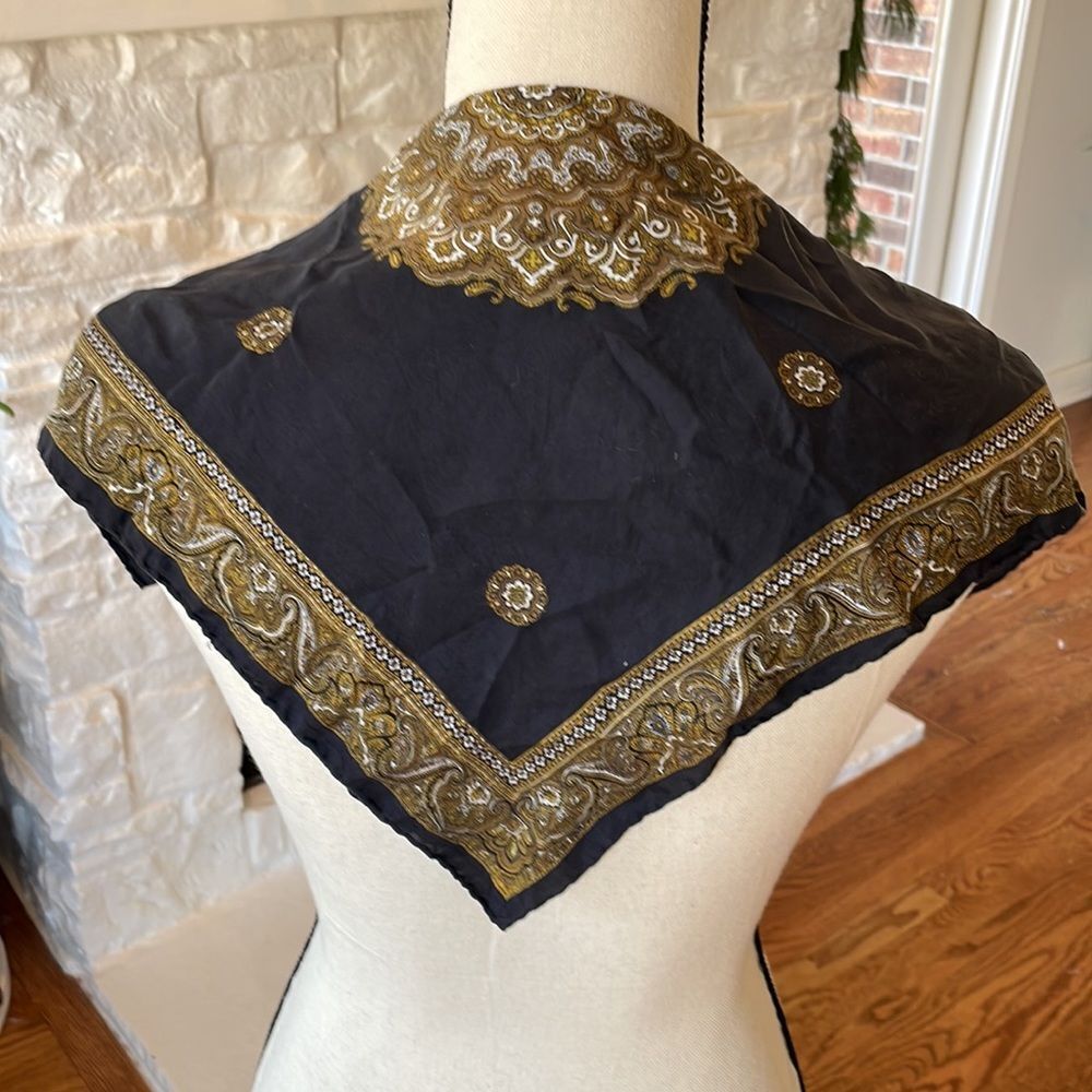 Silk small scarf/pocket square hand rolled edges black and gold